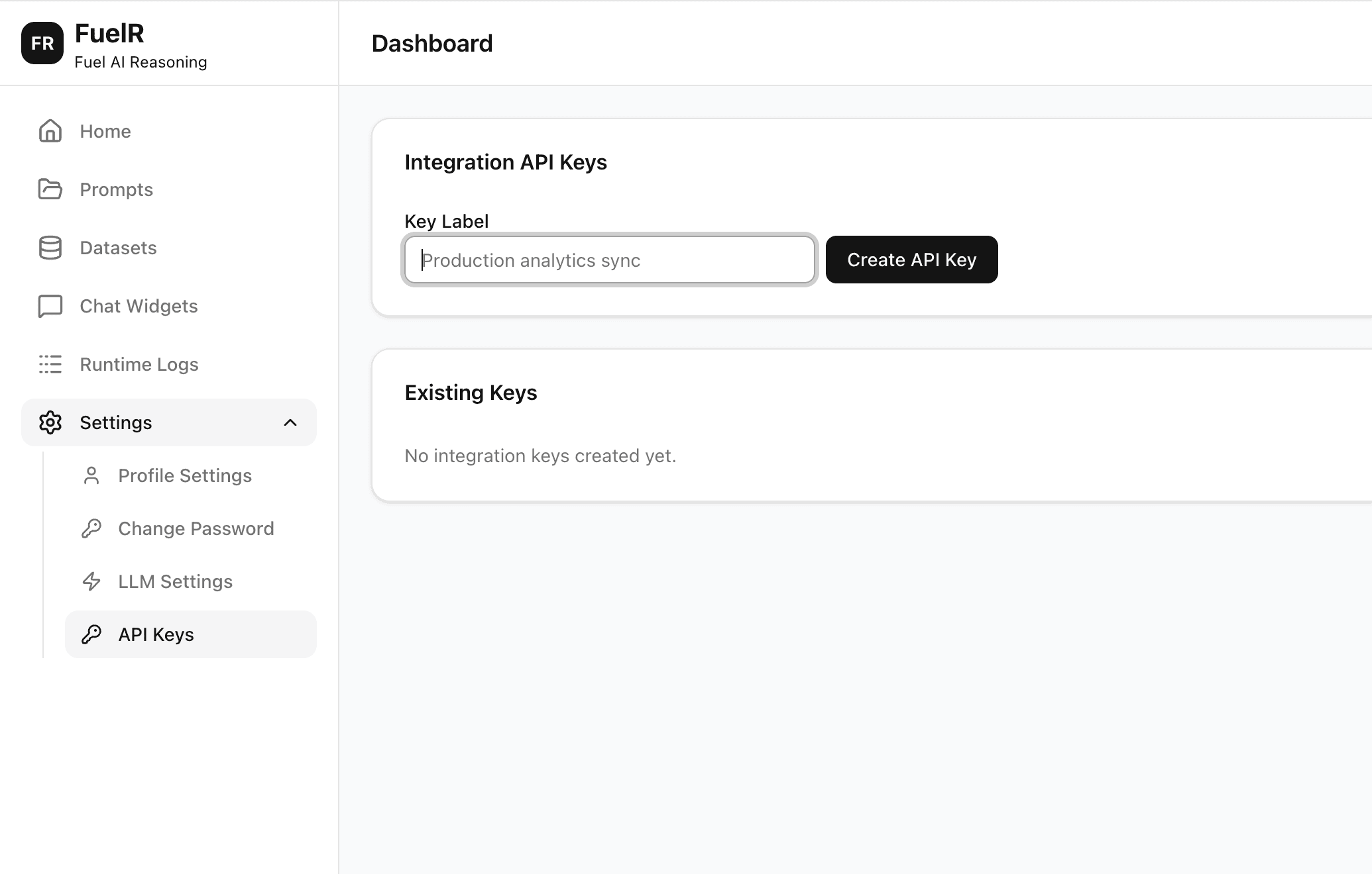 Sidebar path to Settings and API Keys