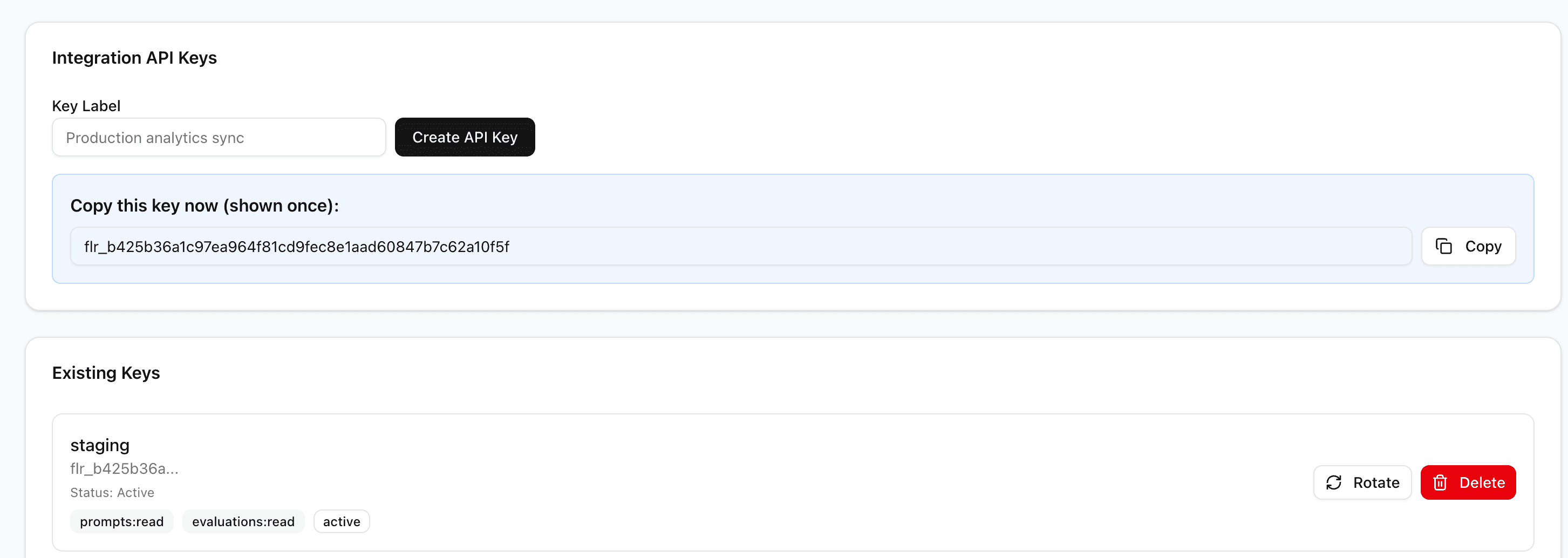 Create API key modal with scopes